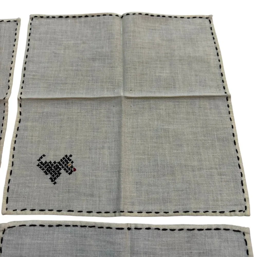 Cocktail napkins (4) YELLOW cotton hand embroidery black Scottish Terriers